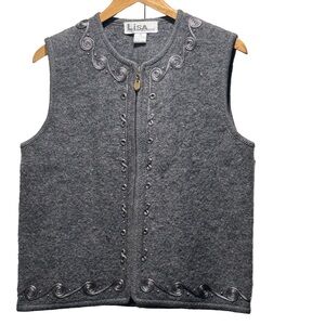 Lisa International Gray Boiled Wool Vest Size M Embroidered Zip Front
